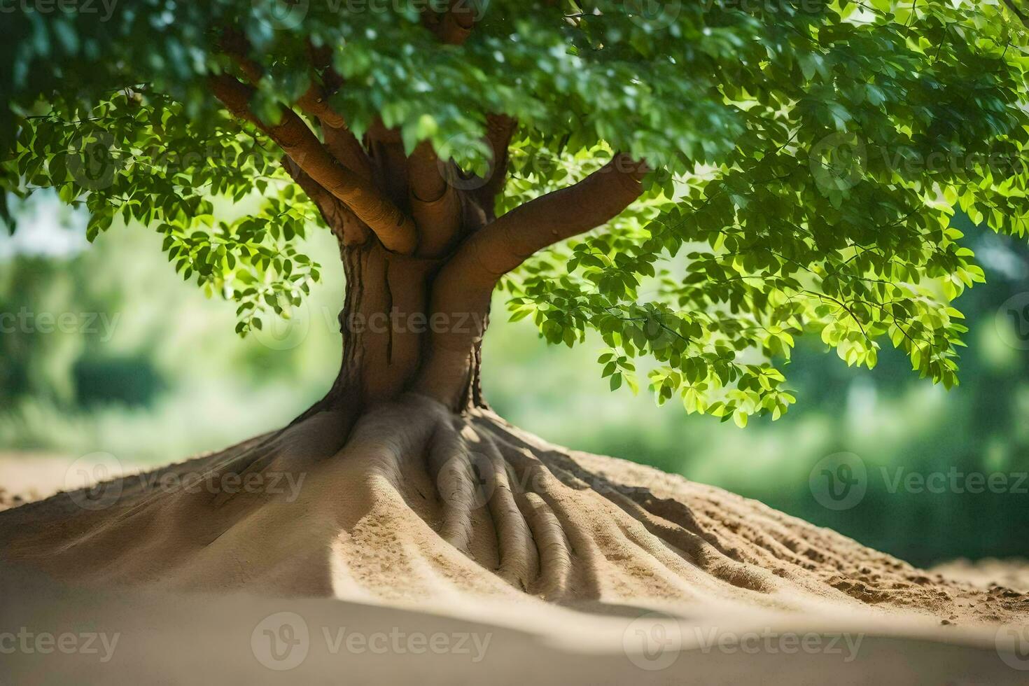 a tree with roots growing out of the sand. AI-Generated photo