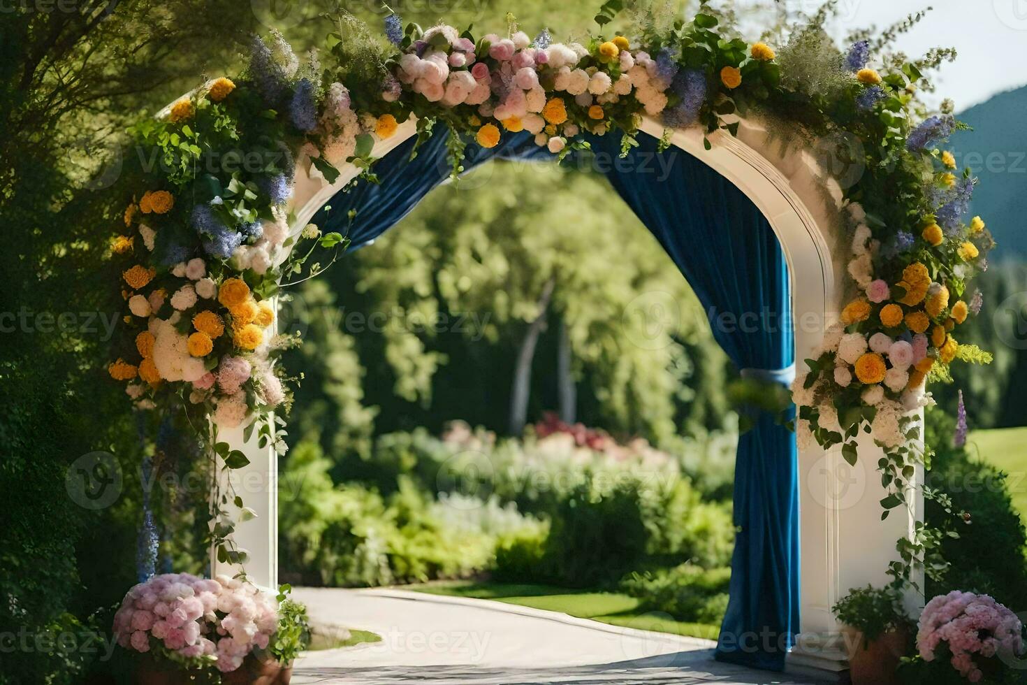 a wedding arch decorated with flowers and blue drapes. AI-Generated photo