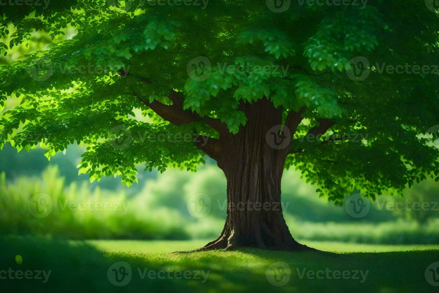 a tree is standing in the middle of a field. AI-Generated photo