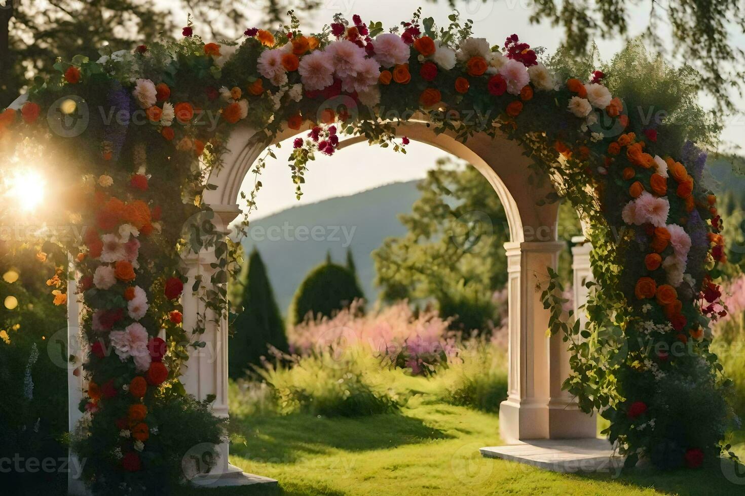 an archway with flowers and greenery in the sun. AI-Generated photo