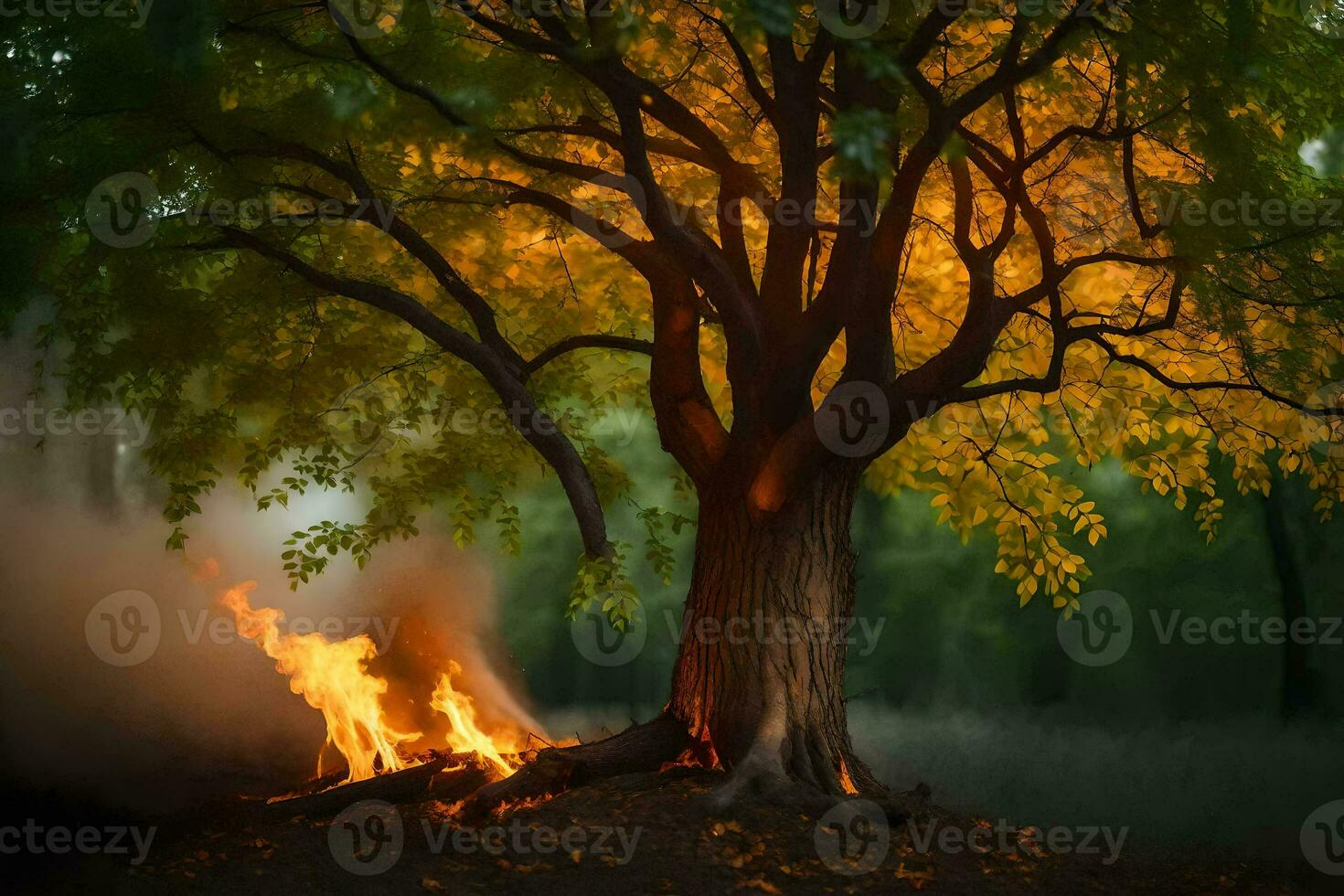 a tree with flames coming out of it in the dark. AI-Generated photo