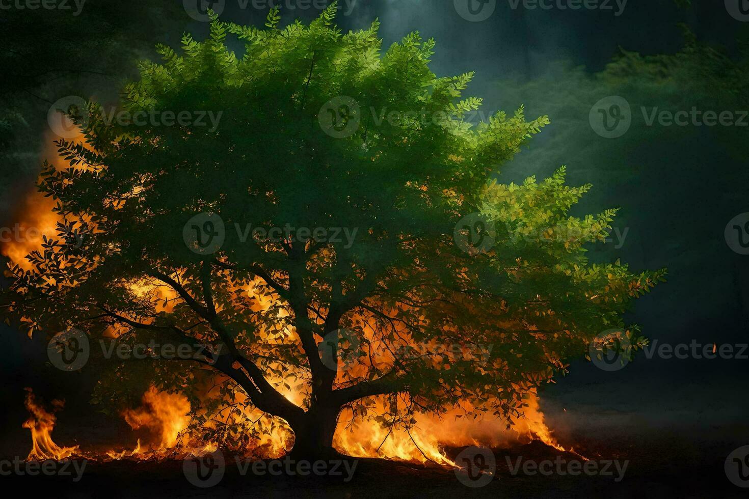 a tree is burning in the forest. AI-Generated photo
