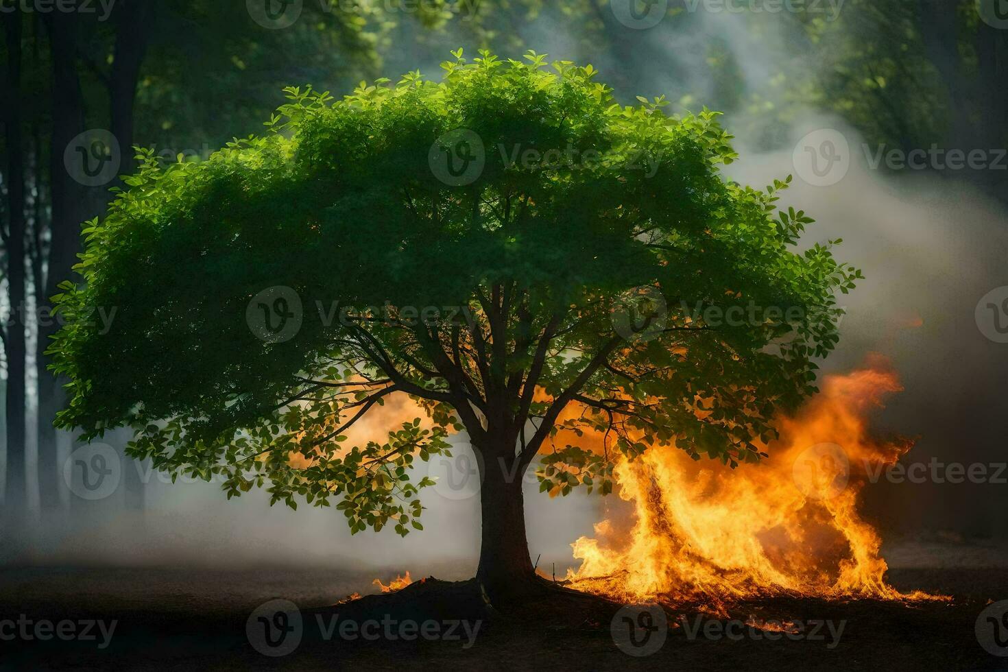 a tree is burning in the middle of a forest. AI-Generated photo