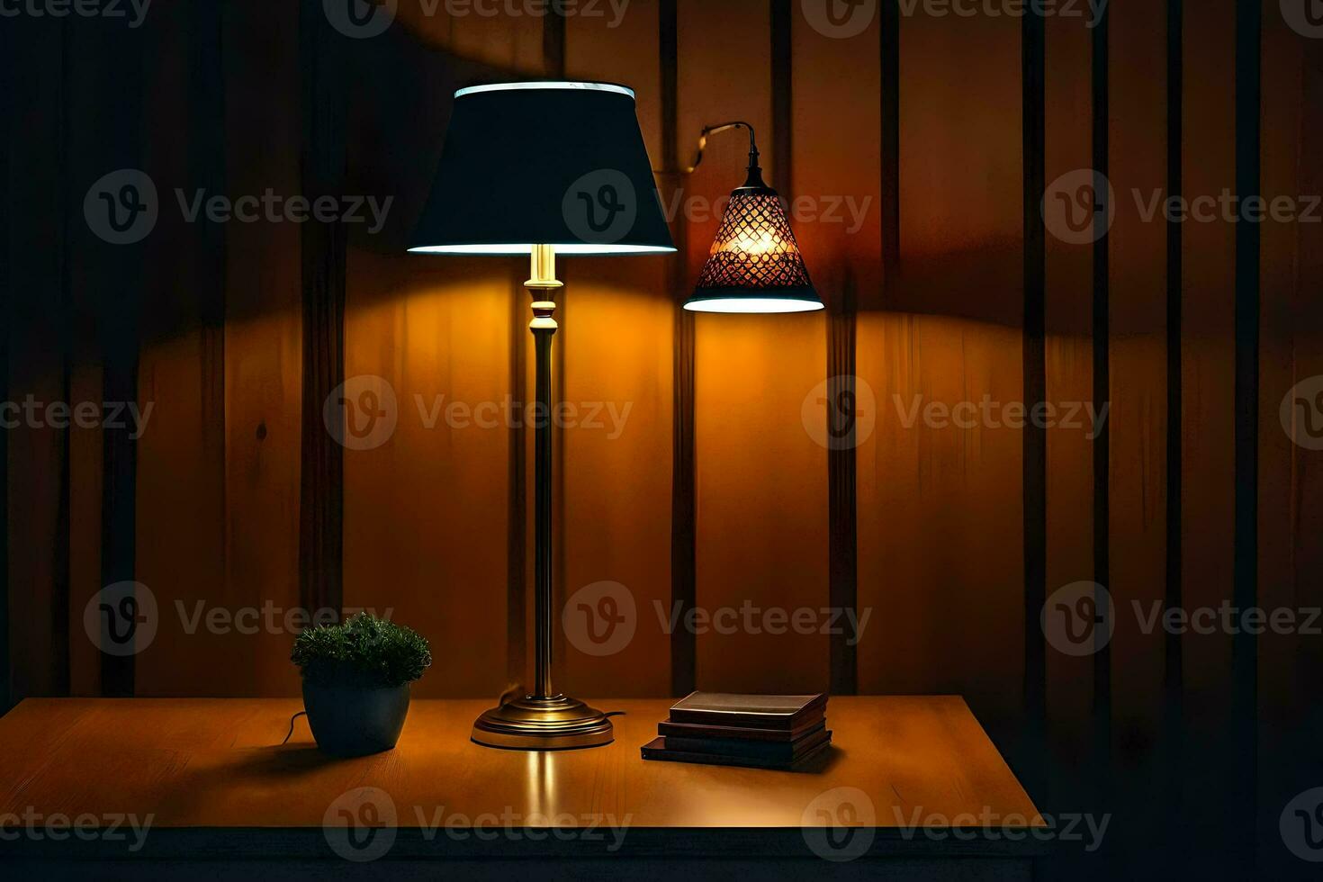 a lamp on a table next to a book. AI-Generated photo