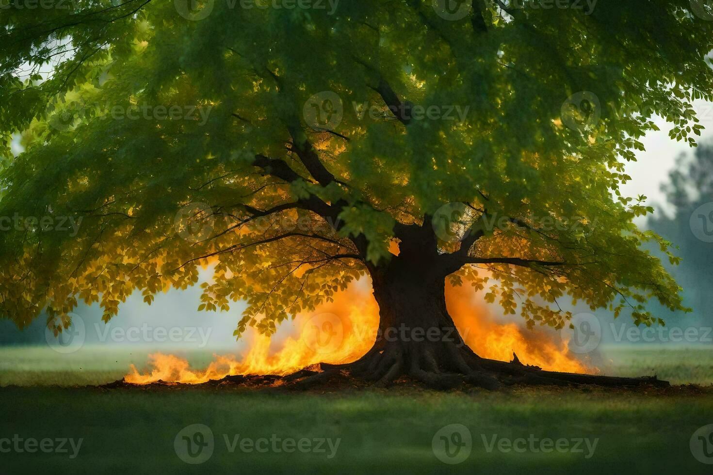 a tree with flames coming out of it in the middle of a field. AI-Generated photo