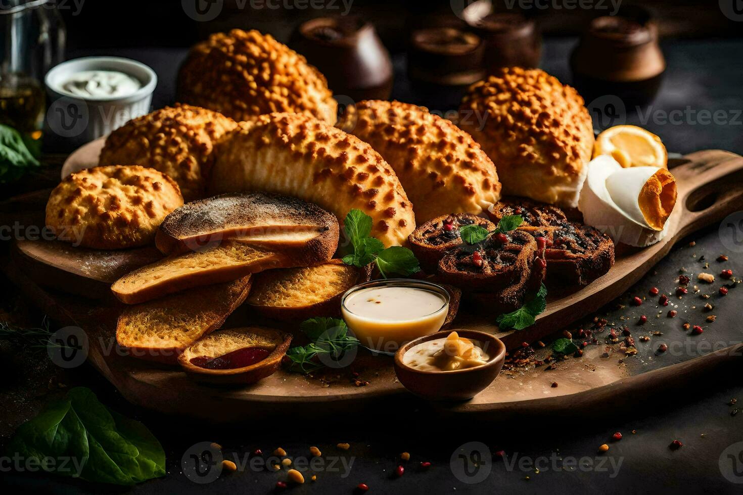 a wooden tray with bread, cheese and other foods. AI-Generated photo