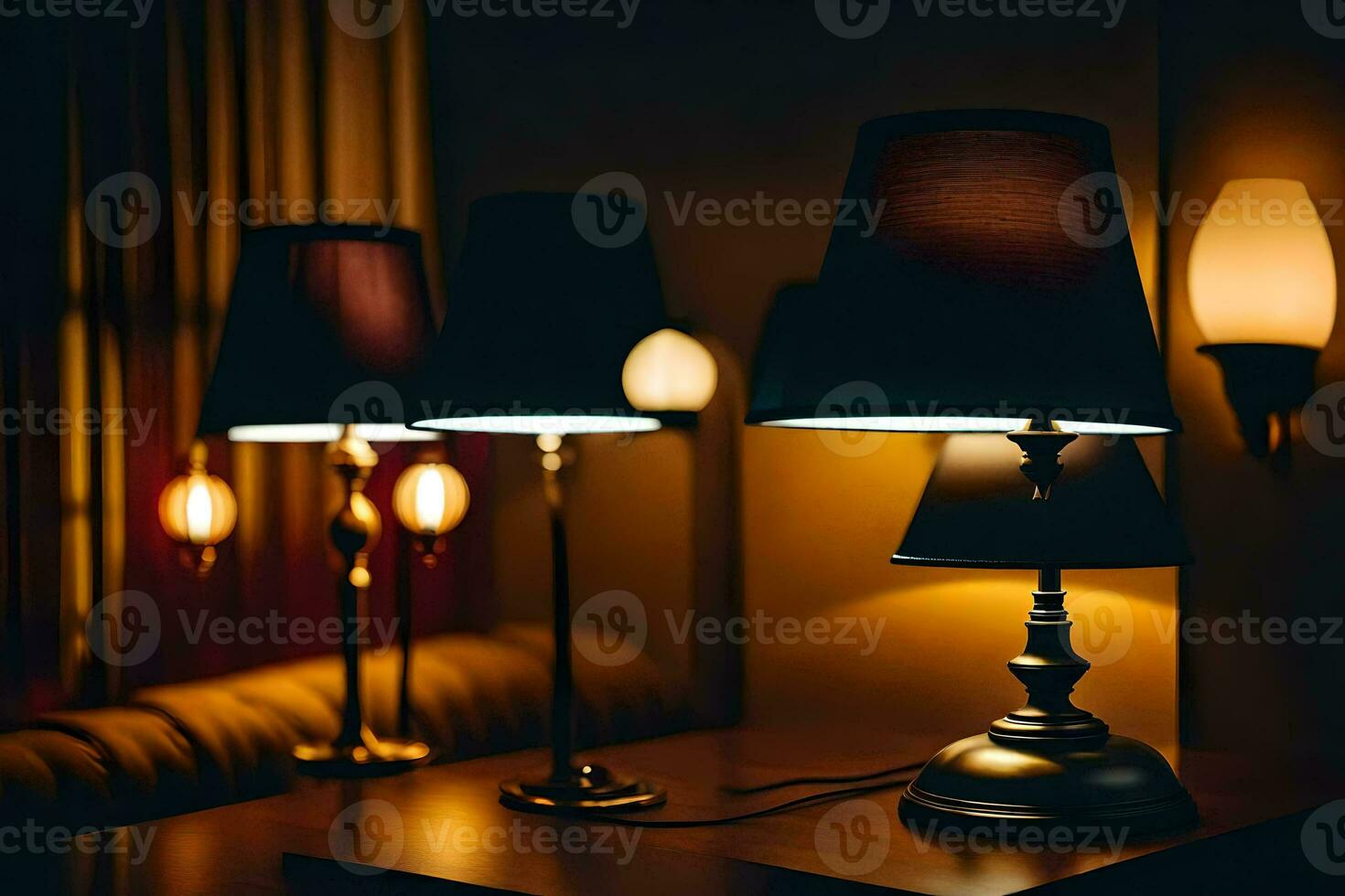 three lamps are lit up in a dark room. AI-Generated photo