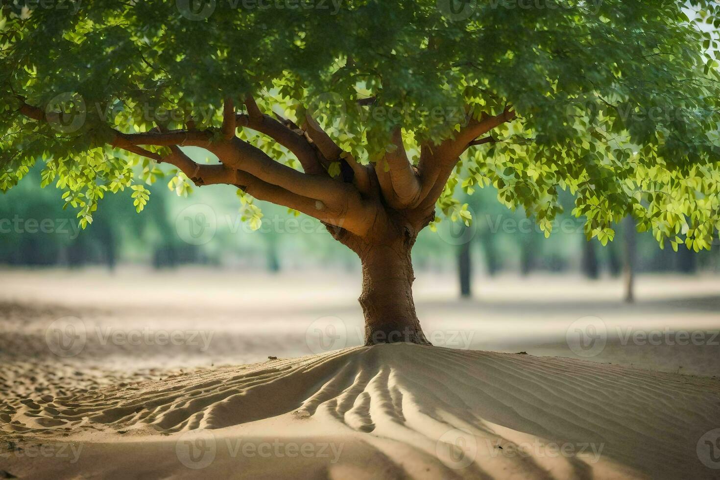 a tree in the desert with sand dunes in the background. AI-Generated photo