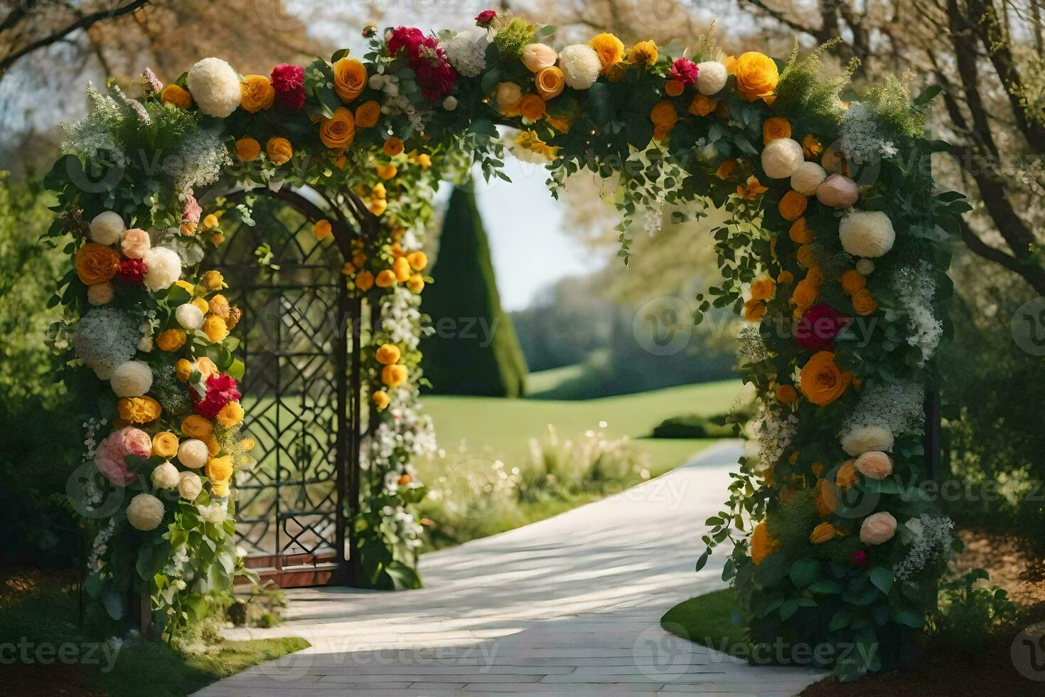 a wedding arch decorated with flowers. AI-Generated photo