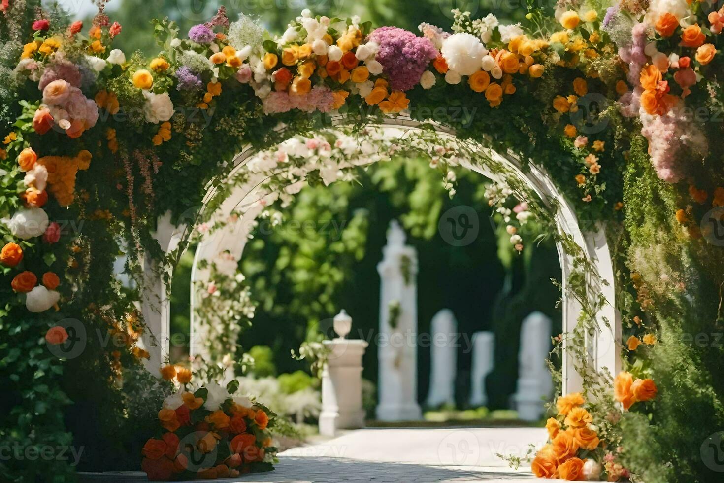 an archway with flowers and greenery. AI-Generated photo