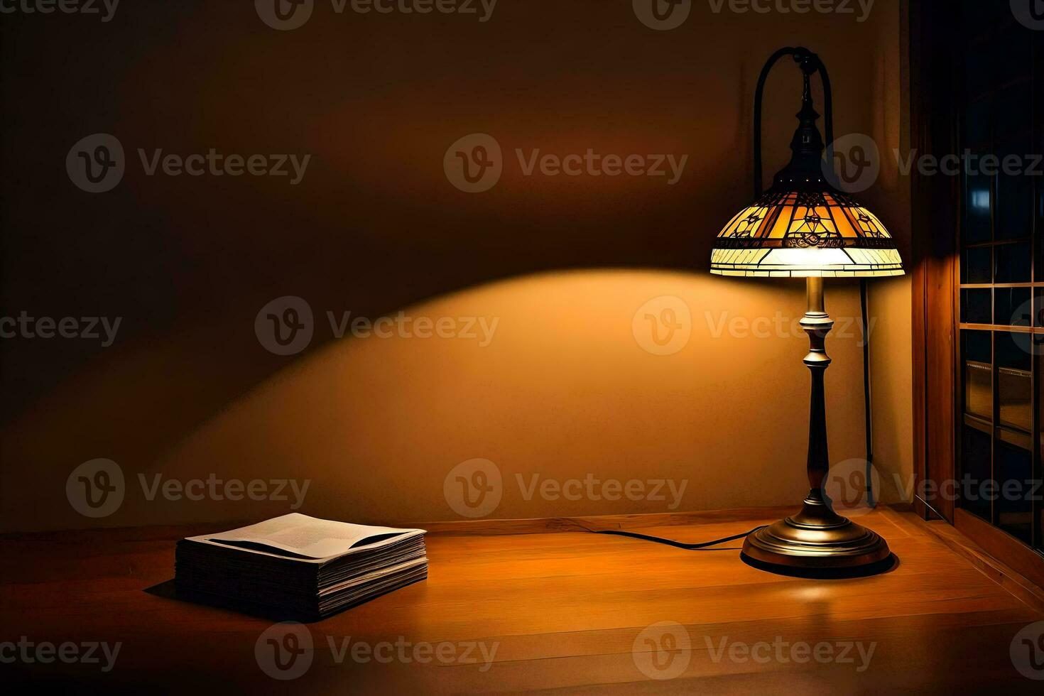 a lamp on a table next to a book. AI-Generated photo