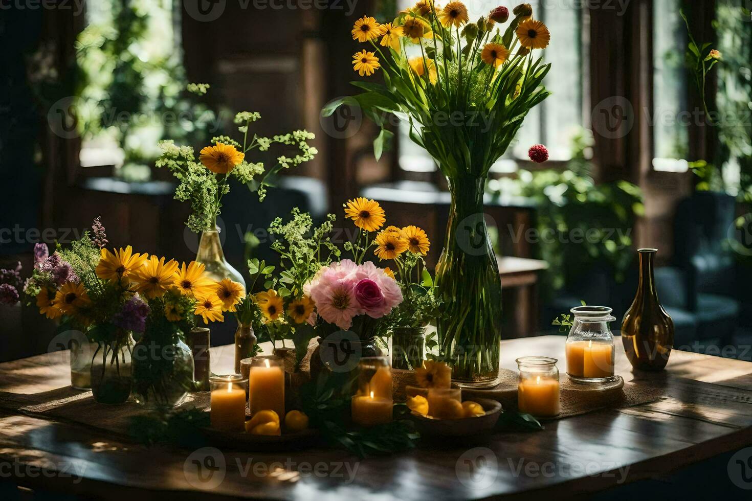 a table with flowers and candles on it. AI-Generated photo