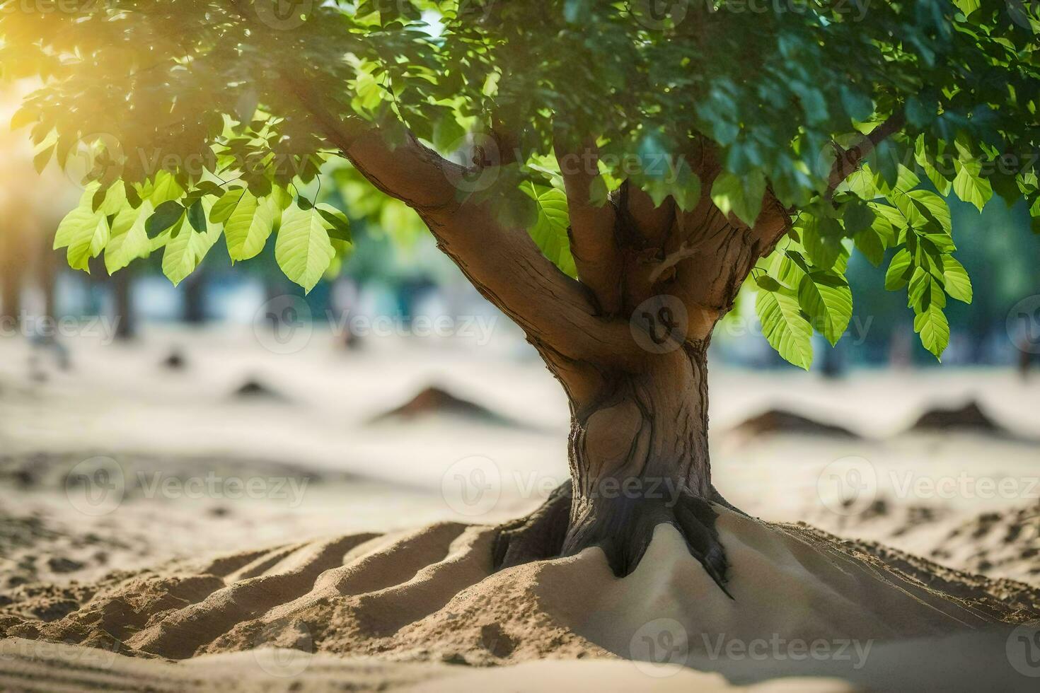 a tree with roots growing out of the sand. AI-Generated photo
