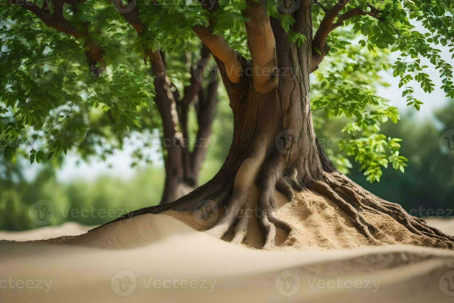 a tree with roots growing out of the sand. AI-Generated photo