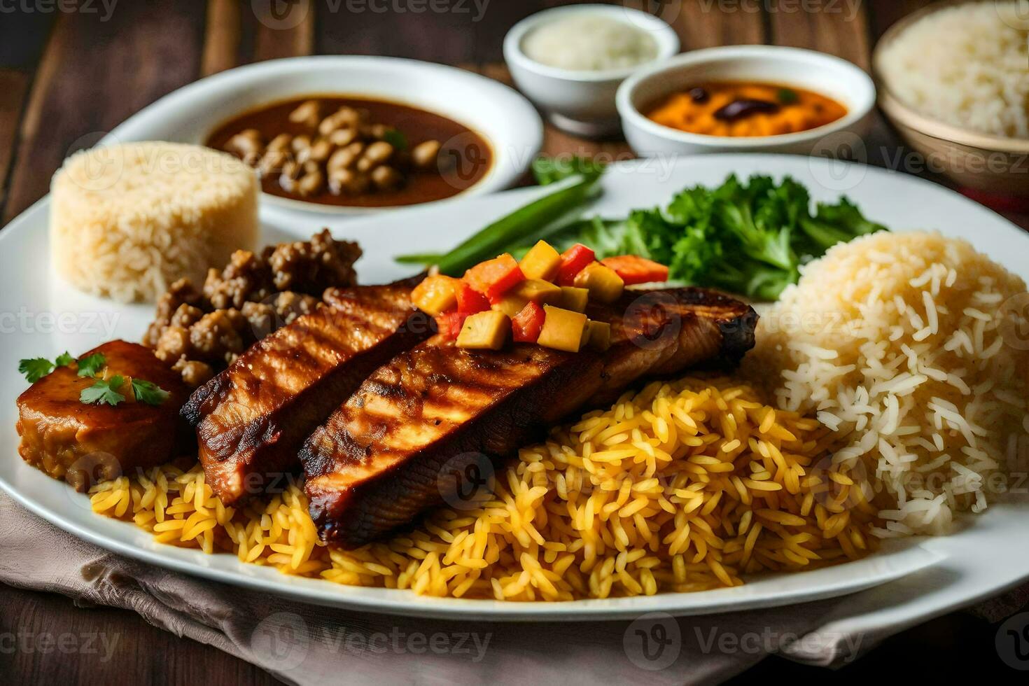 a plate of food with rice, chicken and vegetables. AI-Generated photo