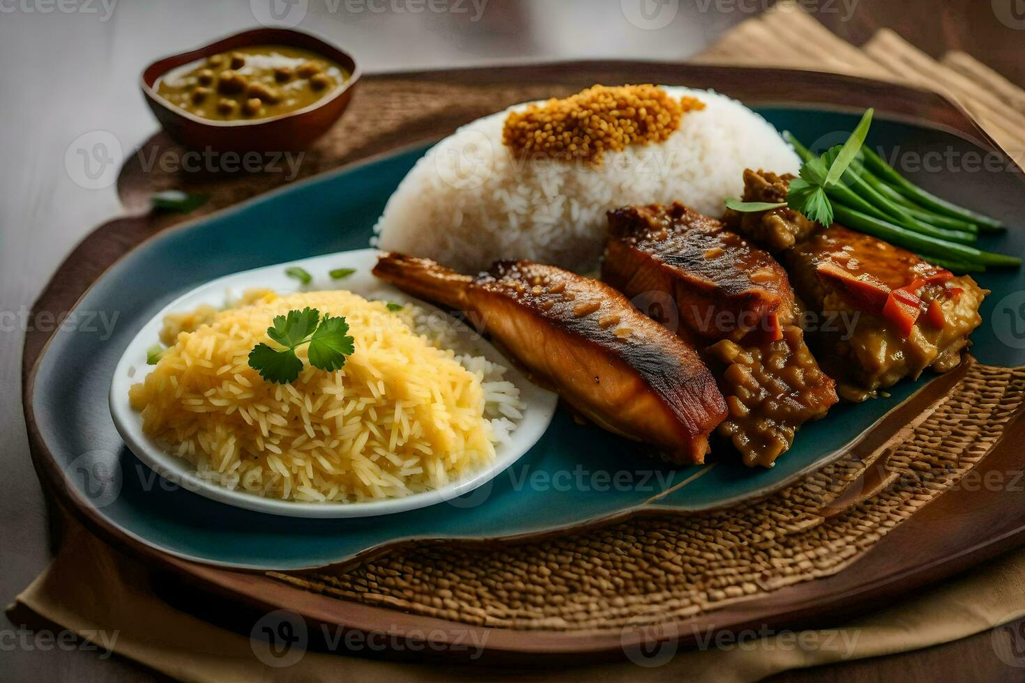 the food is served on a plate with rice and green beans. AI-Generated photo