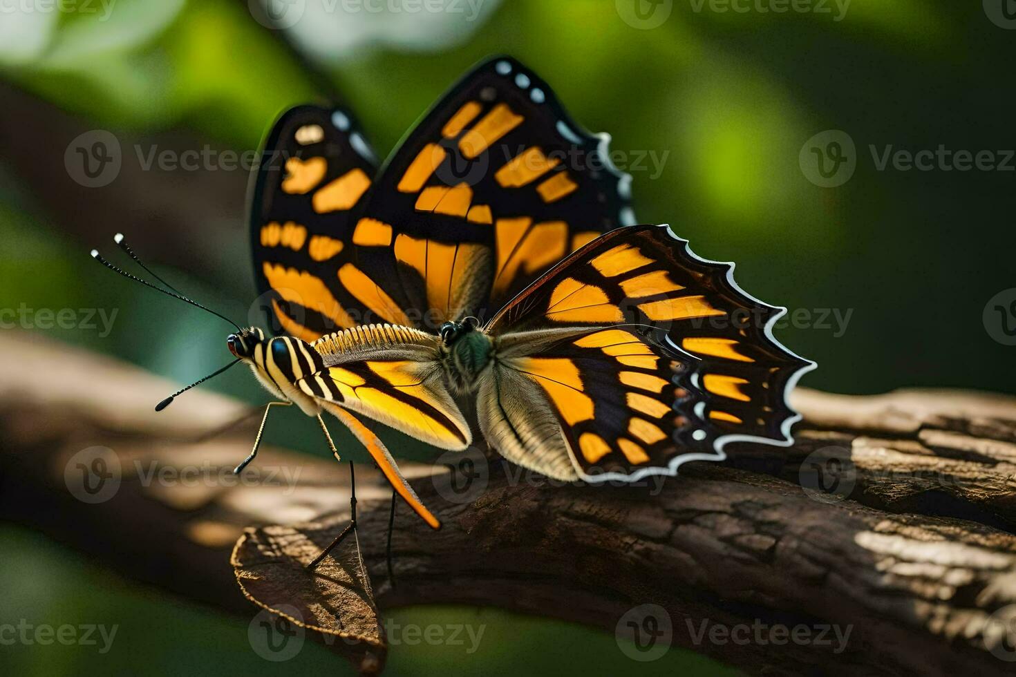 a butterfly with orange and black wings sitting on a branch. AI-Generated photo