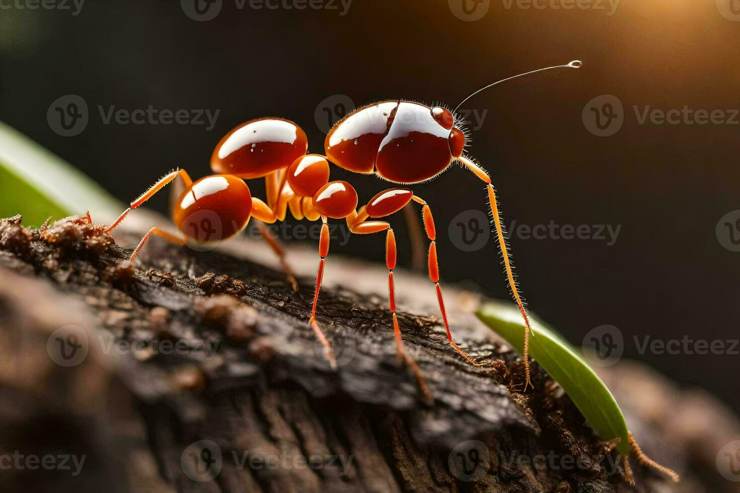 a red ant is standing on a log. AI-Generated photo