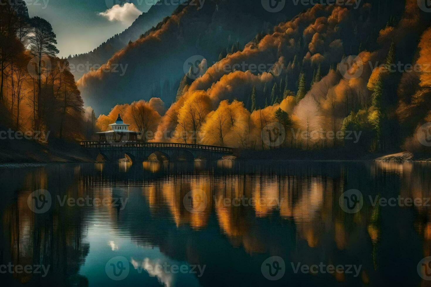 a bridge over a lake in the mountains with autumn trees. AI-Generated photo