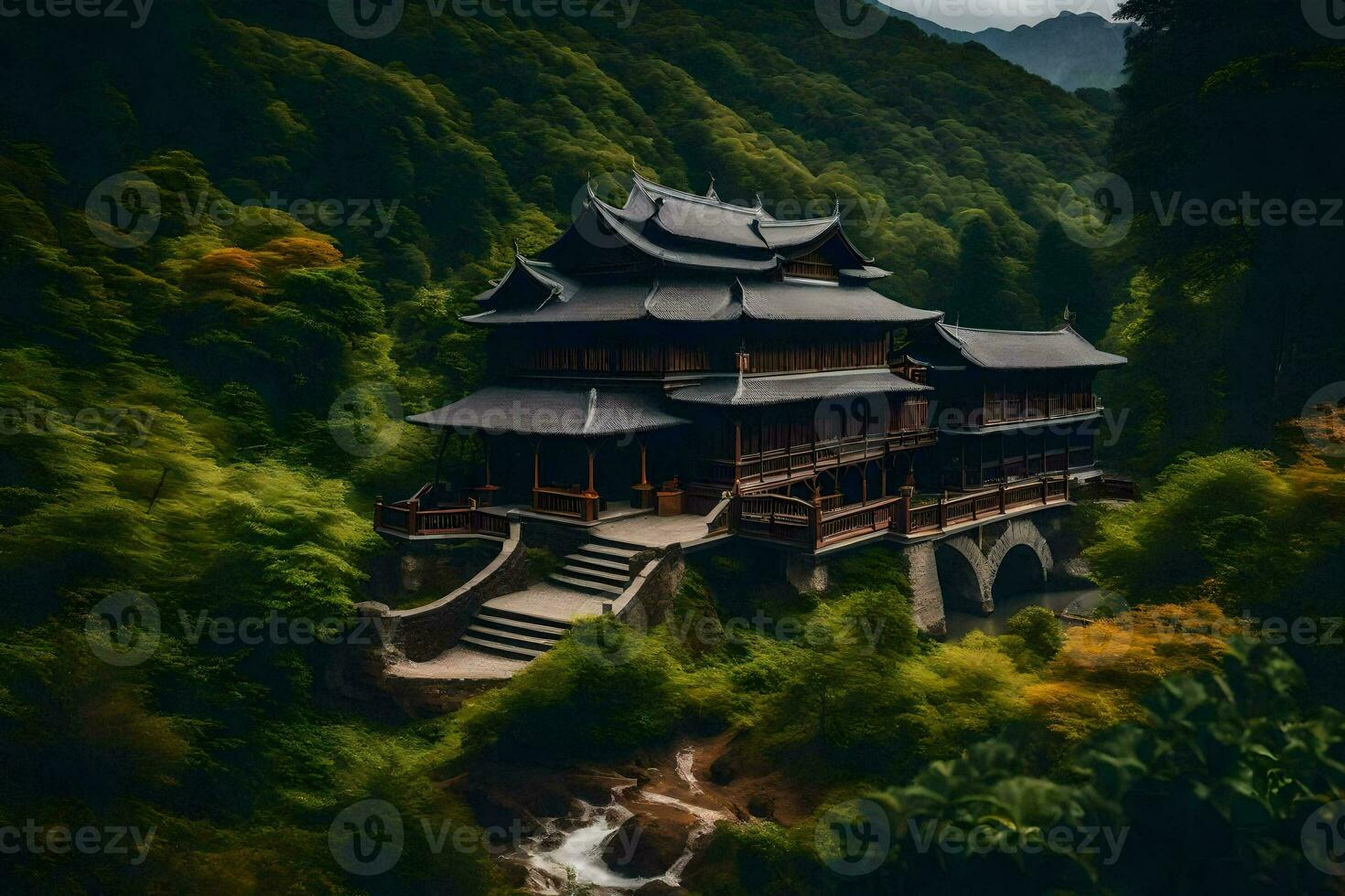 a chinese house in the mountains. AI-Generated photo