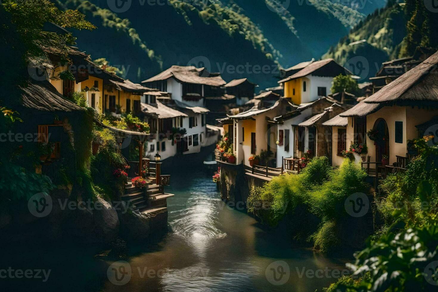 a river runs through a village in china. AI-Generated photo