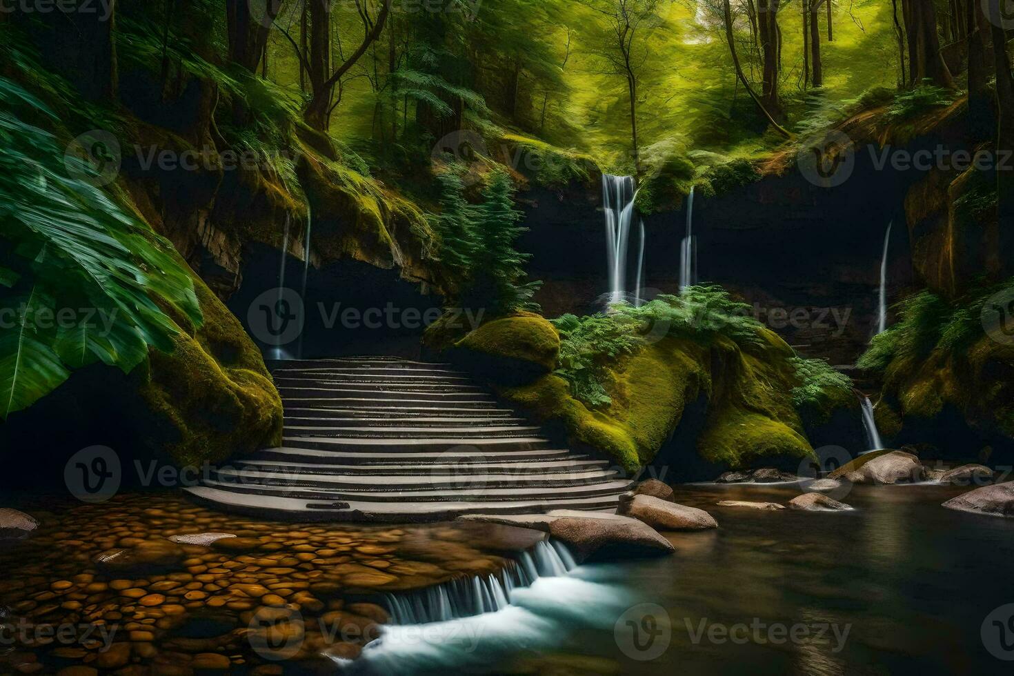a waterfall in the woods with steps leading down to it. AI-Generated photo