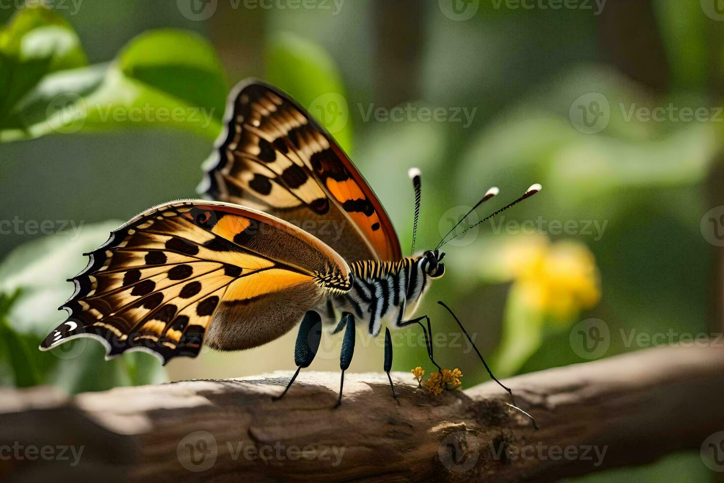 a butterfly is sitting on a branch with green leaves. AI-Generated photo