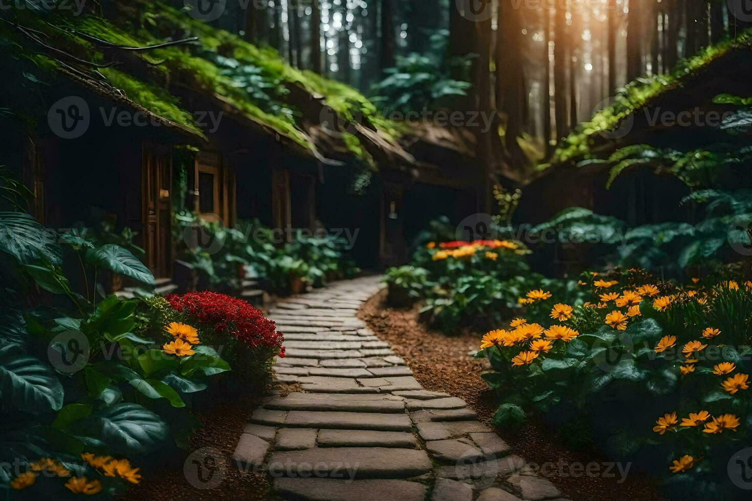a path through a forest with flowers and trees. AI-Generated photo
