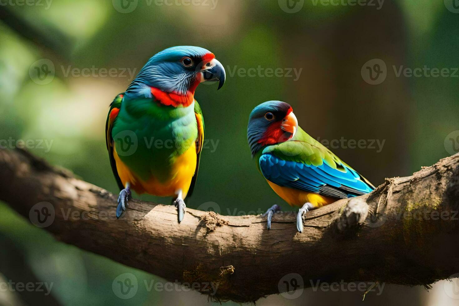 two colorful birds sitting on a branch. AI-Generated photo