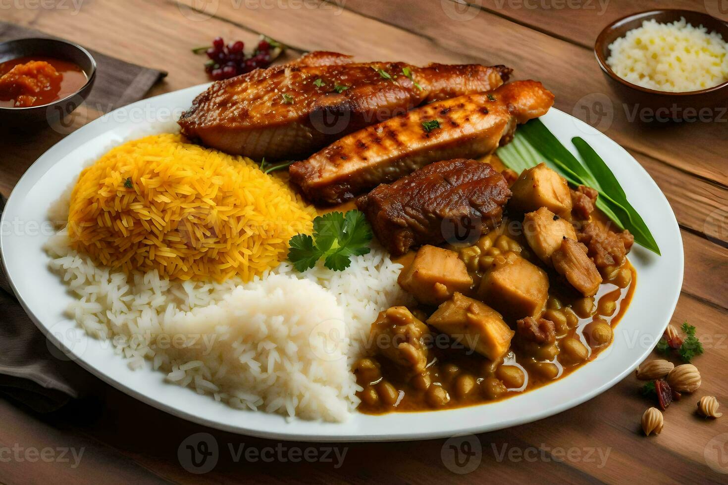 el comida es servido en un plato con arroz, carne y vegetales. generado por ai foto