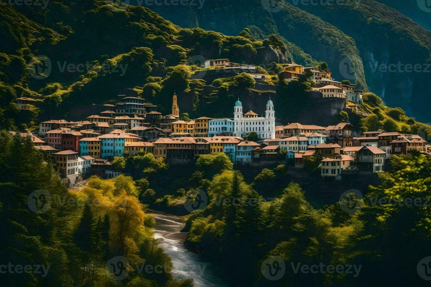 a small town sits on top of a mountain. AI-Generated photo