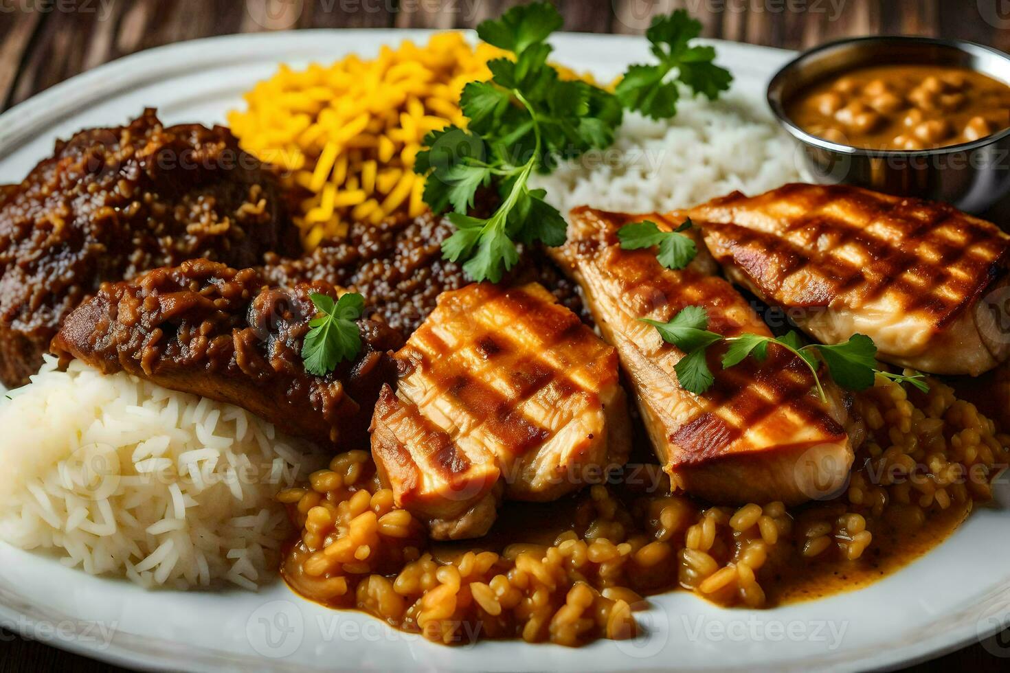 chicken and rice on a plate. AI-Generated photo