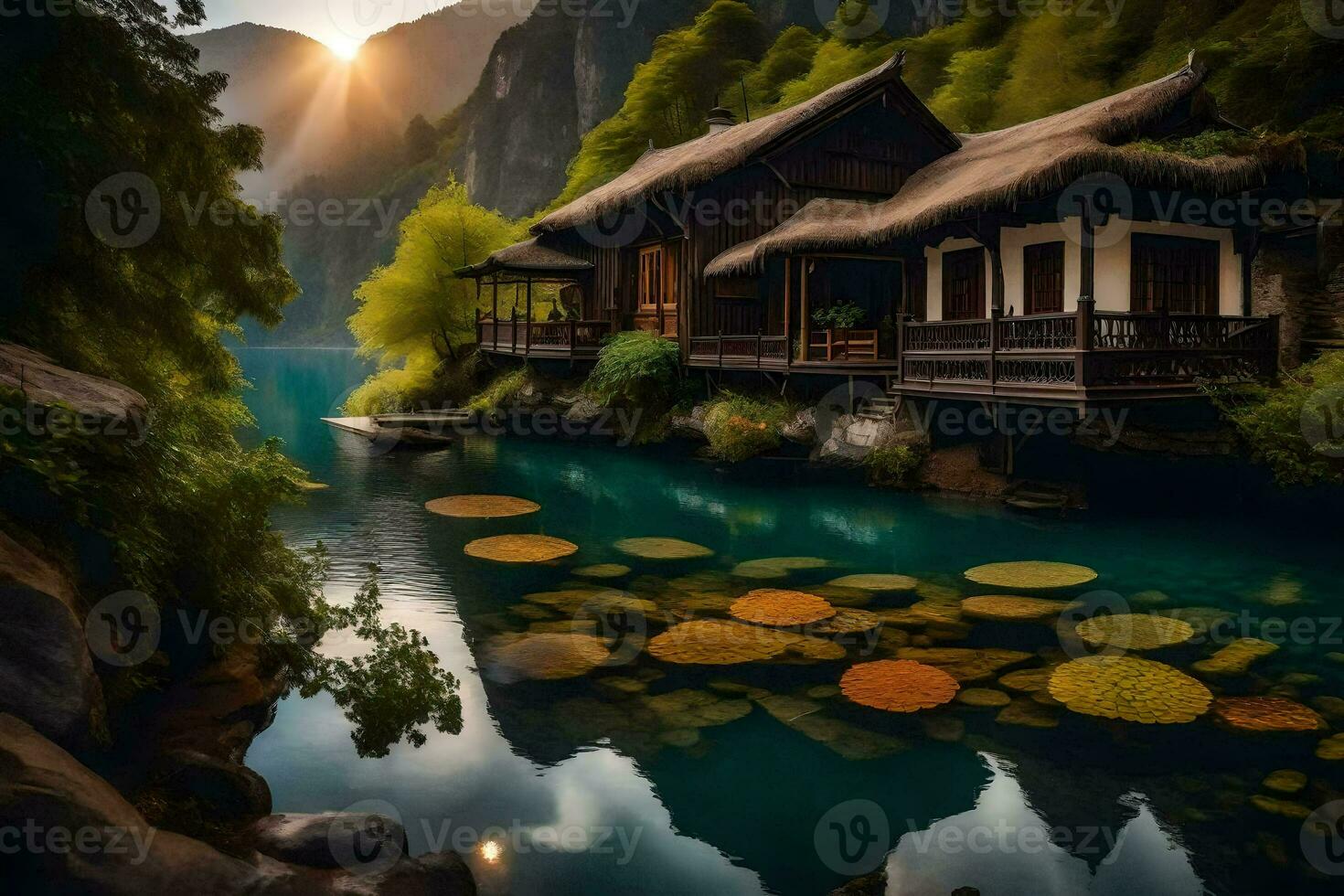 a house sits on the edge of a lake with water lily pads. AI-Generated photo