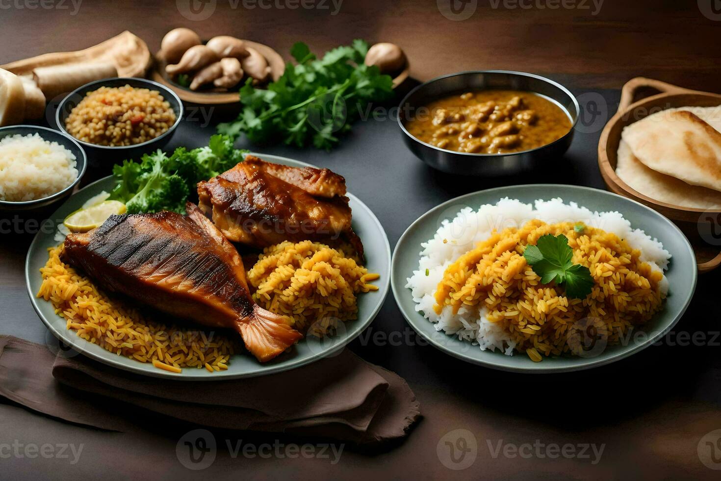 a table with food and bowls of rice. AI-Generated photo