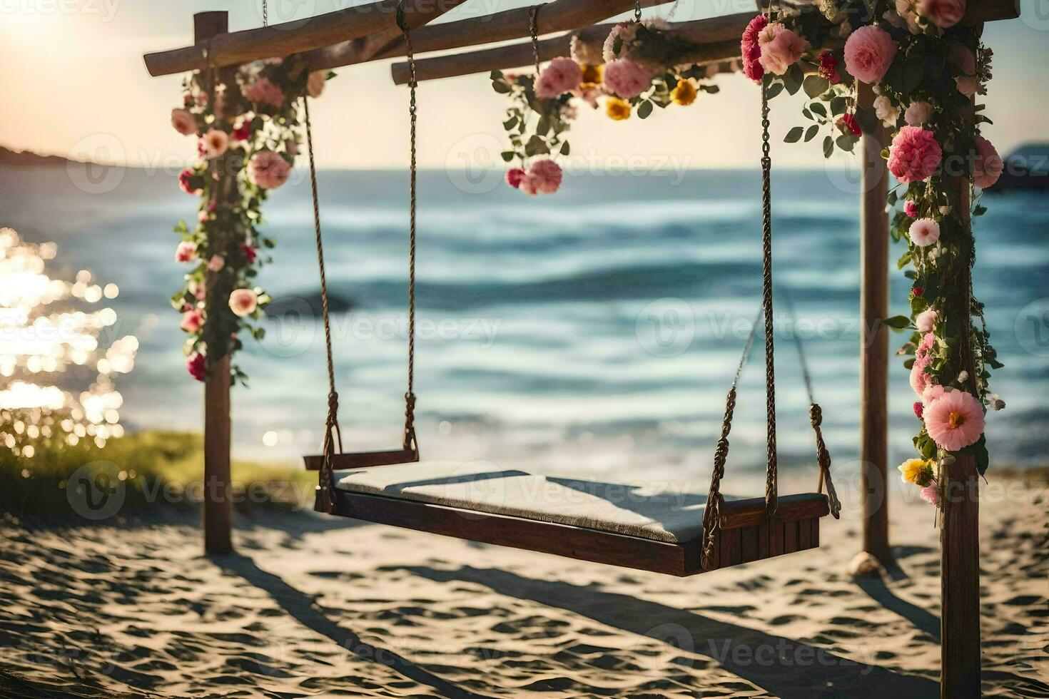 a swing on the beach with flowers and a bench. AI-Generated photo