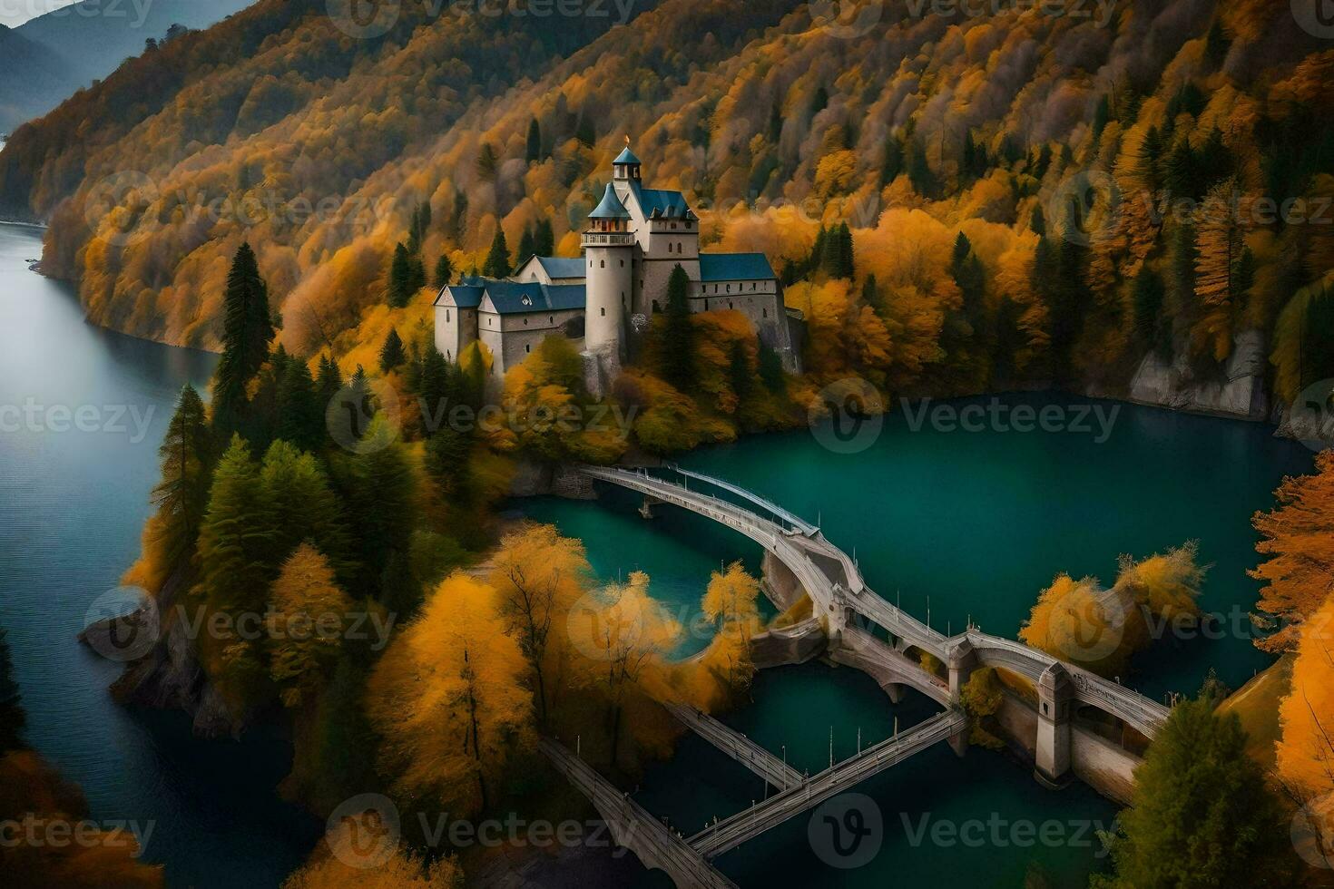 the castle is surrounded by trees and water. AI-Generated photo