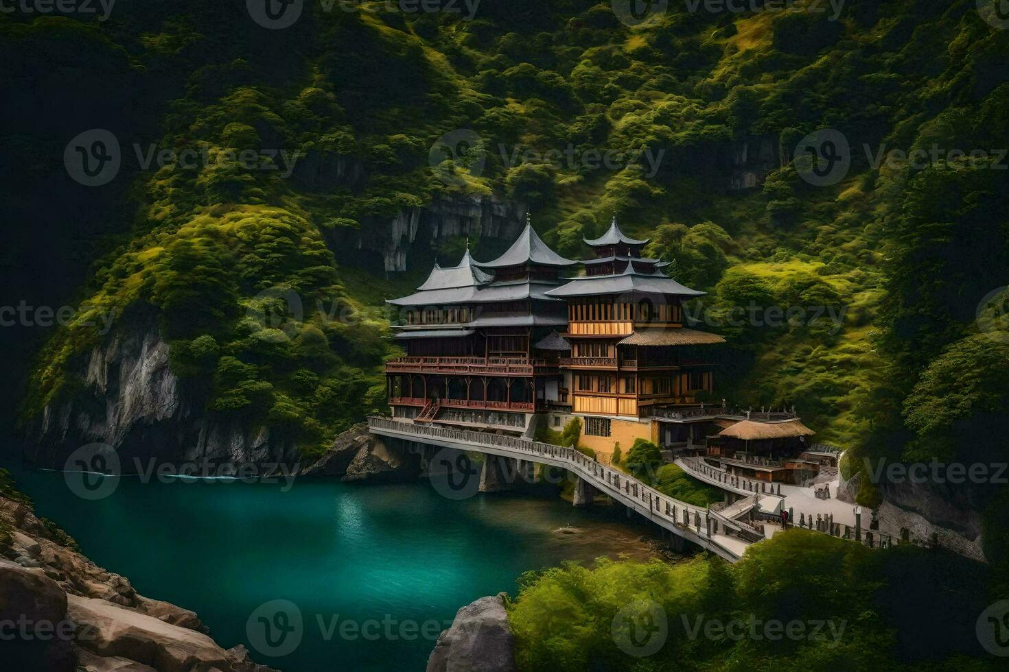 a chinese temple on a bridge over a river. AI-Generated photo