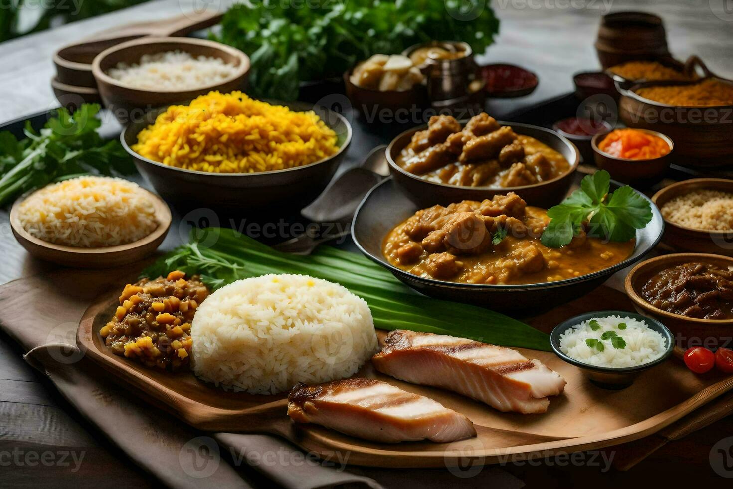 a table with various dishes of food. AI-Generated photo