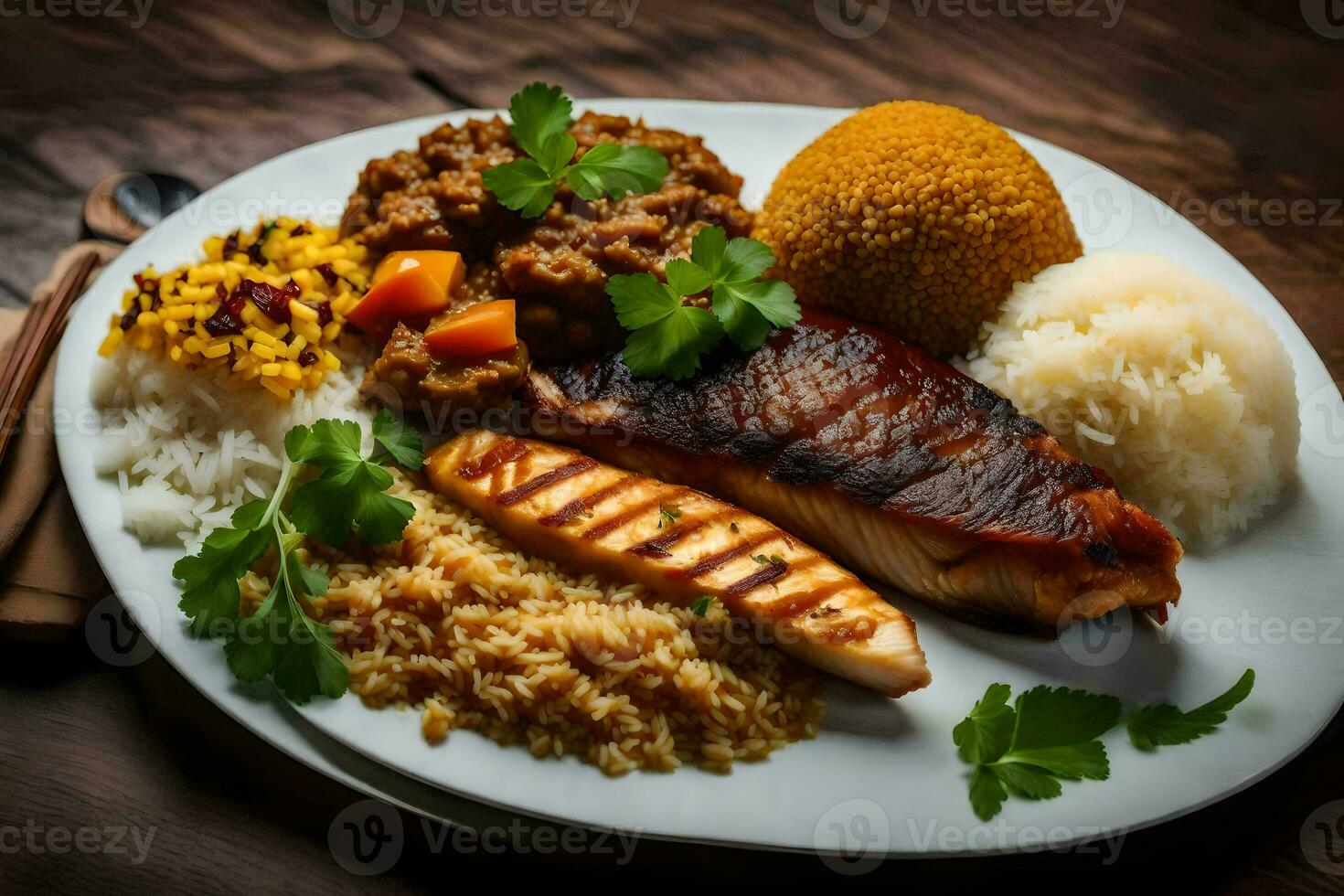 a plate of food with rice, meat and vegetables. AI-Generated photo