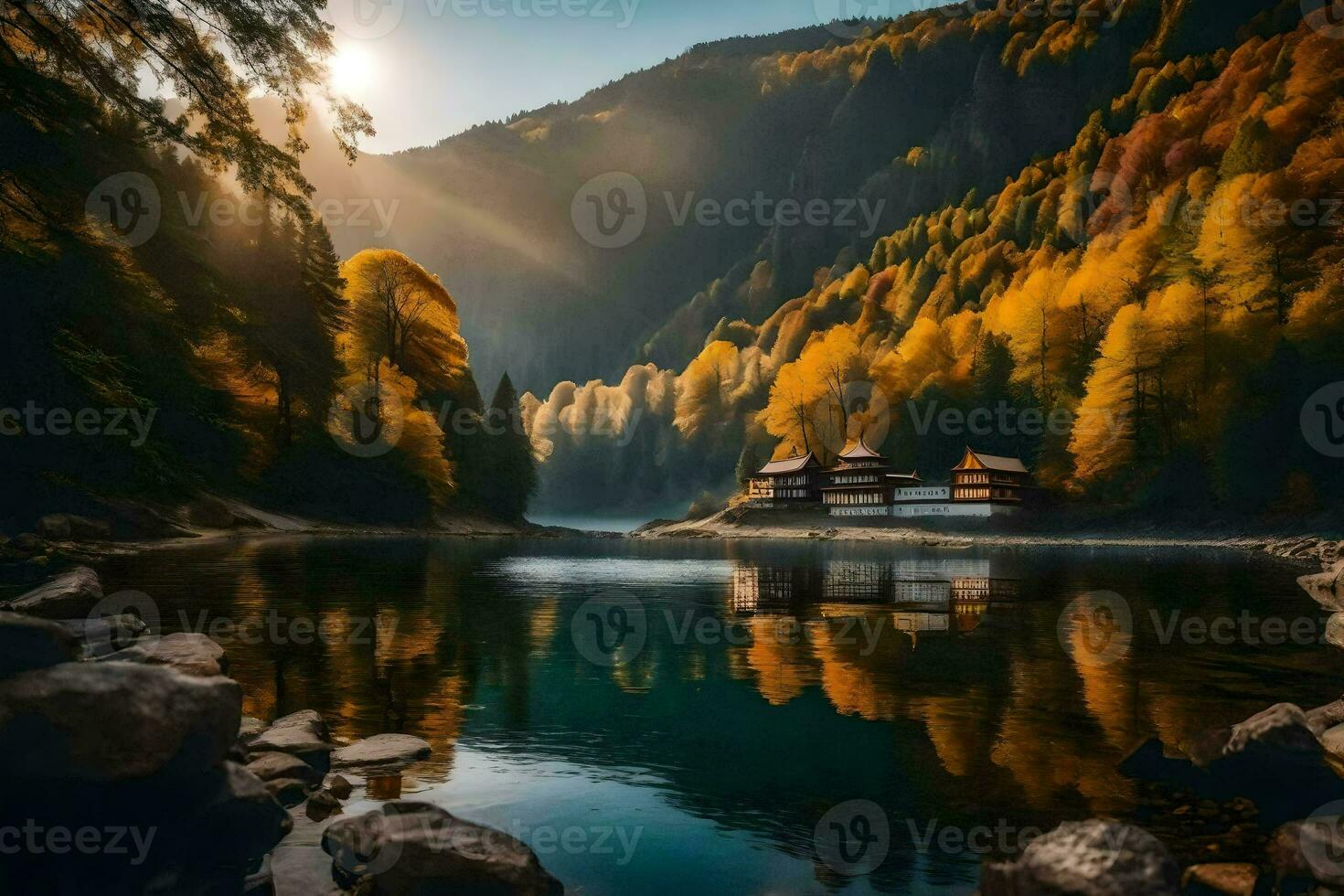 a lake surrounded by trees and mountains. AI-Generated photo