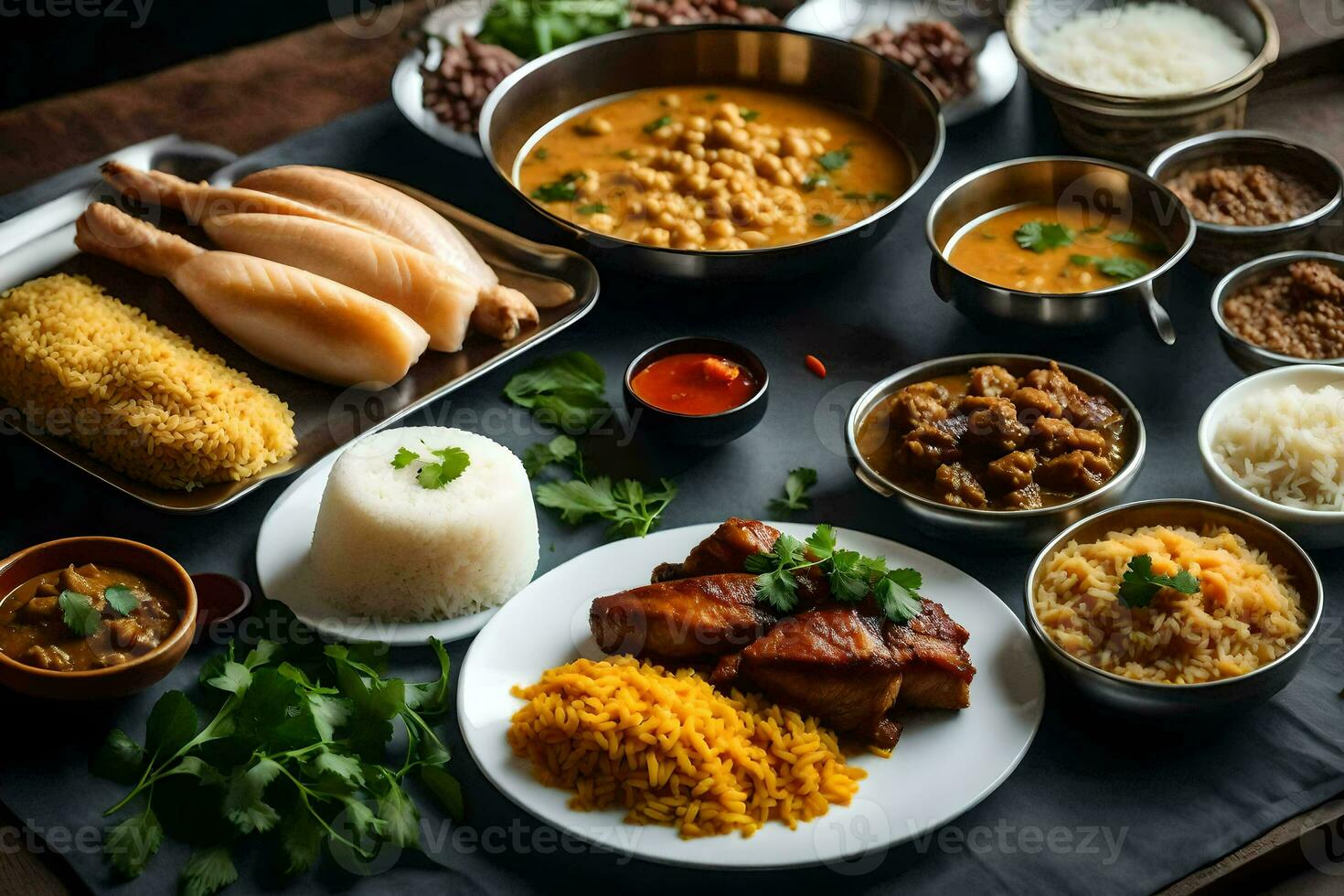 a table with various dishes of food. AI-Generated photo
