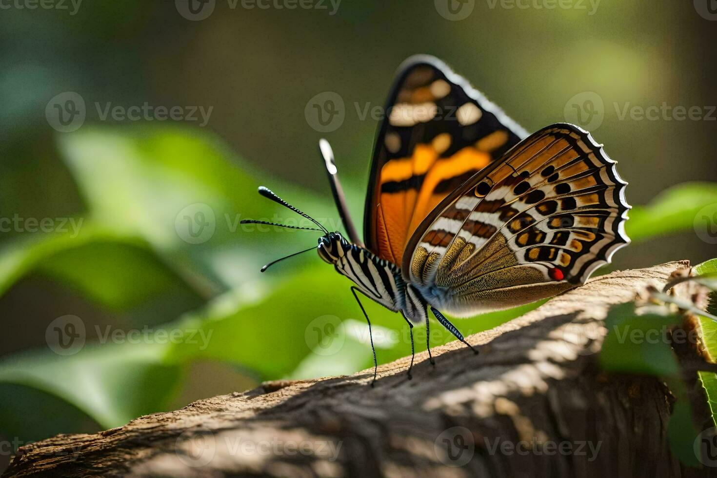 a butterfly is sitting on a log in the sun. AI-Generated photo