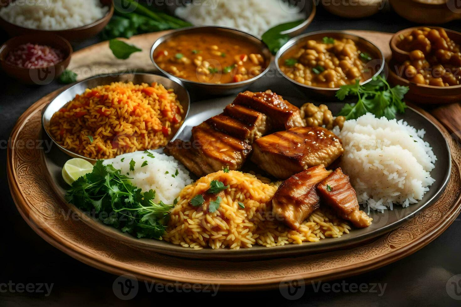 a plate of food with rice, meat and vegetables. AI-Generated photo