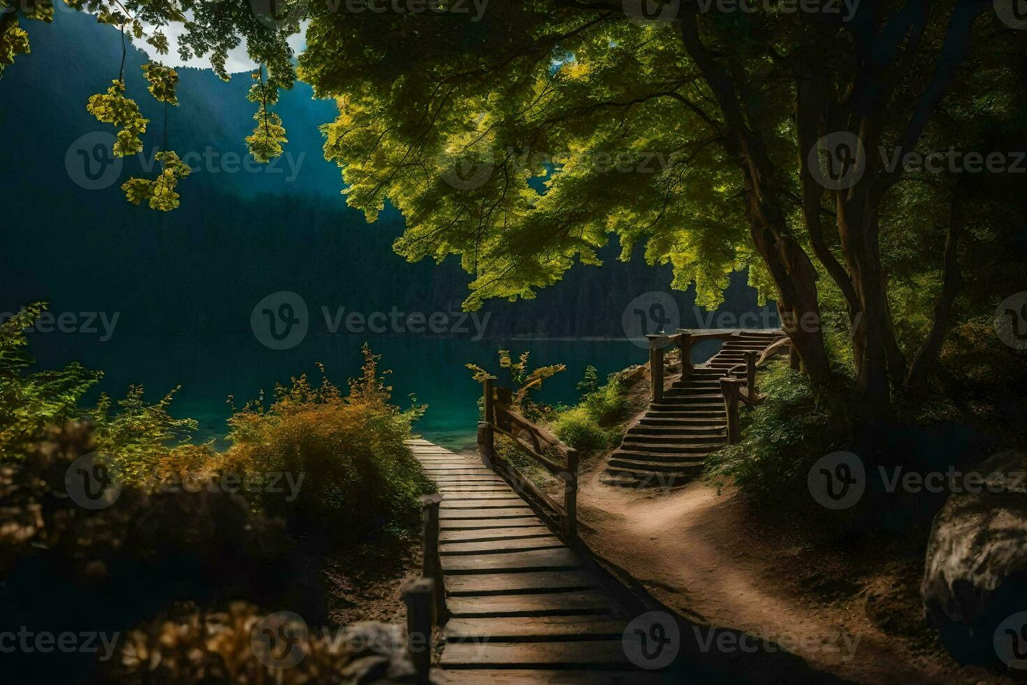 a path leads to a lake and trees. AI-Generated photo