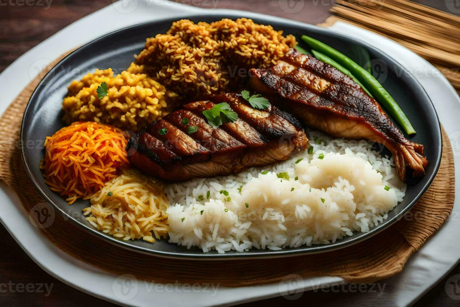 a plate of food with rice, beans and meat. AI-Generated photo