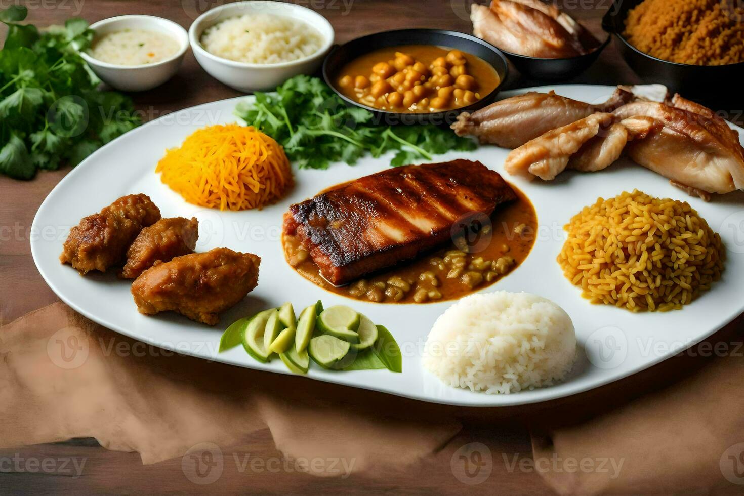 a plate of food with rice, beans, and meat. AI-Generated photo