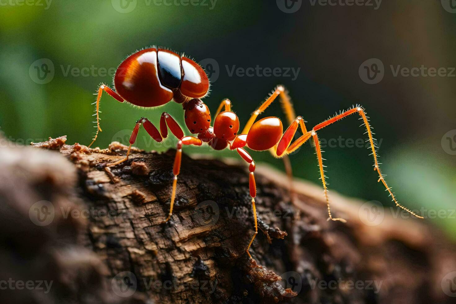 a red ant is standing on a log. AI-Generated photo