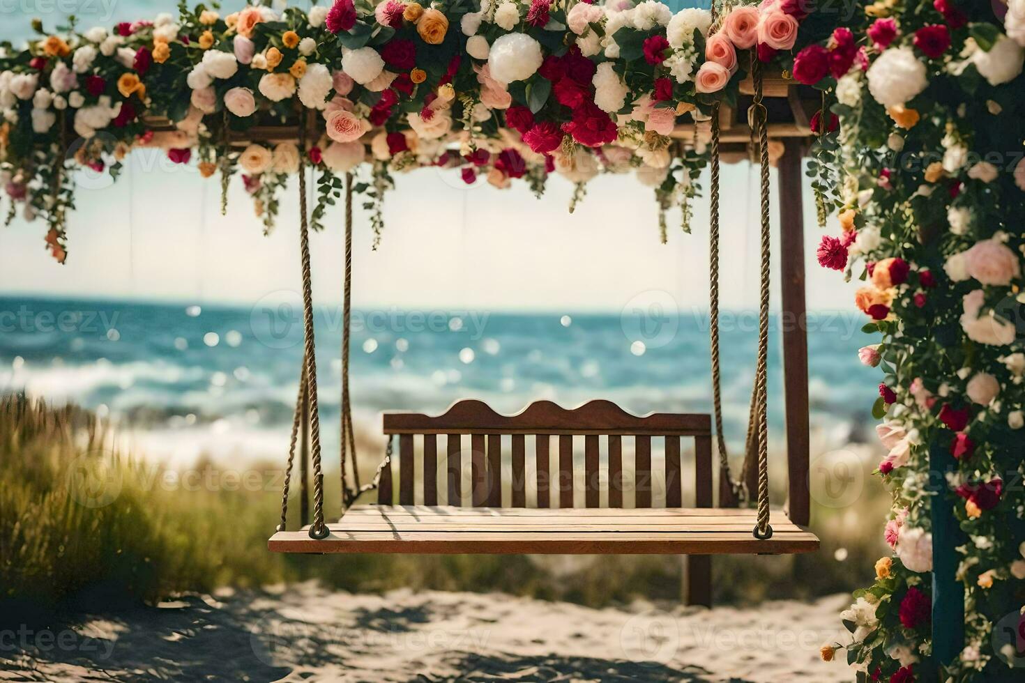a swing on the beach with flowers and a wooden bench. AI-Generated photo