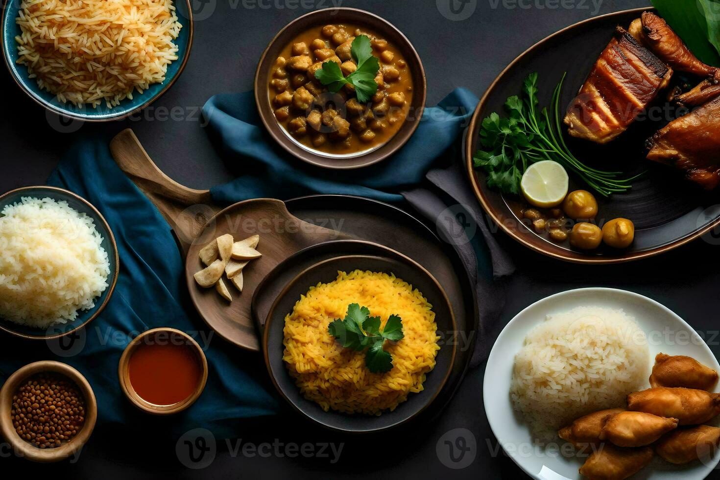 a variety of dishes are arranged on a table. AI-Generated photo