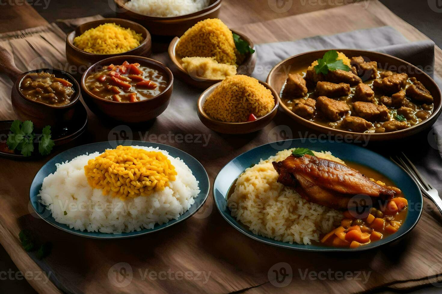 un mesa con bochas de comida y arroz. generado por ai foto